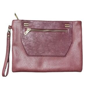 Sole Society Burgundy Faux Leather Wristlet Clutch Animal Print Lining Gold Zip